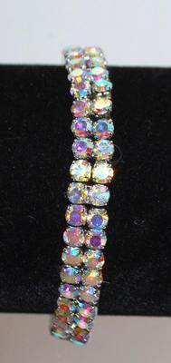 2 Bracelets - 1 Iridescent Expandable (6") & 1 Bow-Style Cuff (5") Glittery Silver Tone