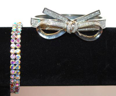2 Bracelets - 1 Iridescent Expandable (6") & 1 Bow-Style Cuff (5") Glittery Silver Tone