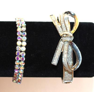 2 Bracelets - 1 Iridescent Expandable (6") & 1 Bow-Style Cuff (5") Glittery Silver Tone