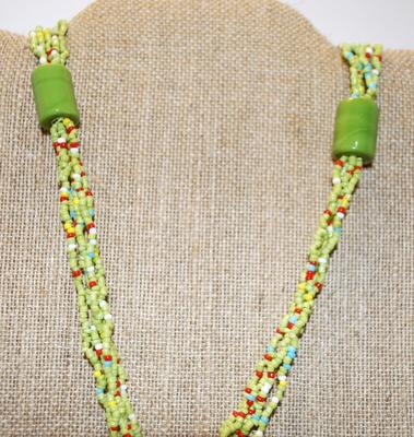 Lots of Greens Necklace with Red Speckle Beads and Dangles 36