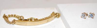 Gold Tone ID Bracelet (5" L) & Pair of Diamond-Style Post Earrings