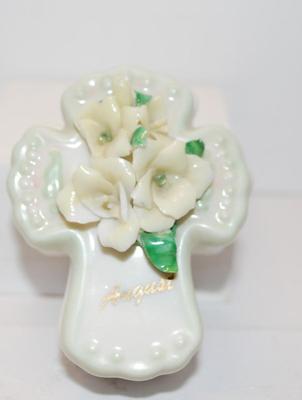 Flowered Ceramic Cross Jewelry Trinket Box -- Marked 