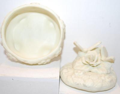 Alabaster-Style Covered Trinket Box with a Rose and Birds 3½