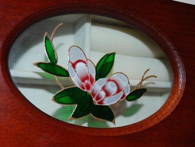 Wood Jewelry Box with Enameled Styled Flower Design + White Interior 6" x 4" x 2"