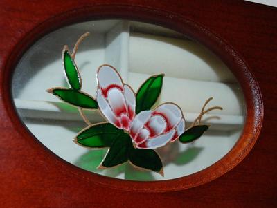 Wood Jewelry Box with Enameled Styled Flower Design + White Interior 6