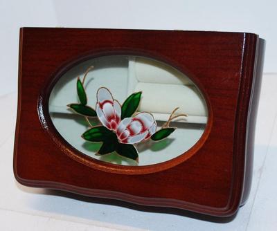 Wood Jewelry Box with Enameled Styled Flower Design + White Interior 6" x 4" x 2"