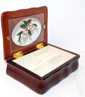 Wood Jewelry Box with Enameled Styled Flower Design + White Interior 6" x 4" x 2"