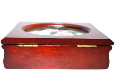 Wood Jewelry Box with Enameled Styled Flower Design + White Interior 6" x 4" x 2"