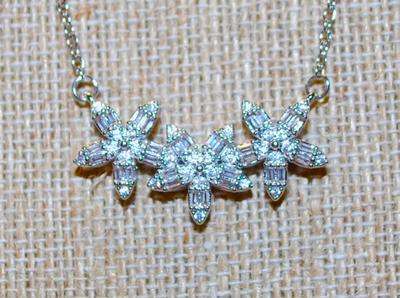 3 Glittery Attached Stars with Clear Stones PENDANT (2¼" x ½") on a Silver Tone Necklace Chain 18" L