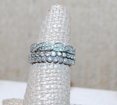 Size 7+7¼ Silver Tone 3 Ring Set Stackable or Individual Engagement Style on Silver Tone Band (8.2g)
