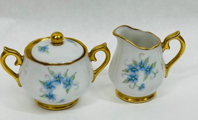 Creamer and Sugar Bowl - white china with blue flowers & gold trim