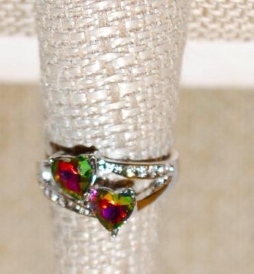 Size 7¾ Tiered Rainbow Topaz .925 Iridescent Heart Shaped Stones Ring with Accents on a Silver Tone Band (3.1g)