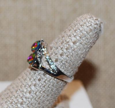 Size 7¾ Tiered Rainbow Topaz .925 Iridescent Heart Shaped Stones Ring with Accents on a Silver Tone Band (3.1g)