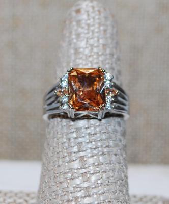 Size 7¼ Light Amber Square Cut Stone Ring with Side Accents on a .925 Silver Band (3.8g)