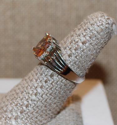 Size 7¼ Light Amber Square Cut Stone Ring with Side Accents on a .925 Silver Band (3.8g)