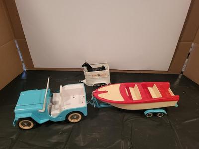 TONKA JEEP, BOAT W/TRAILER AND HORSE TRAILER