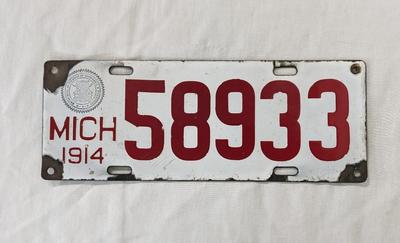 1914 Porcelain Michigan License Plate