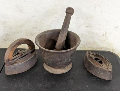 Cast Iron Mortar Pestle with Antique Irons