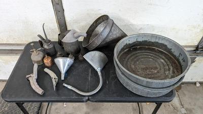 Galvanized Oil Cans, Pans, and Funnels
