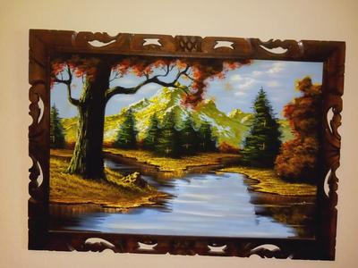 PAINTING ON VELVET AND 2 BEAR FIGURES