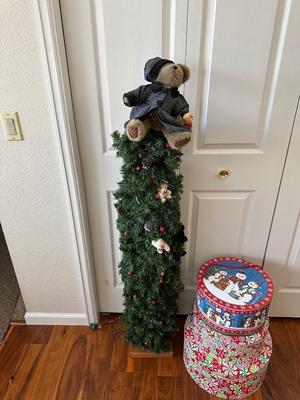 LIGHTED CHRISTMAS TREE AND CHRISTMAS THEMED STORAGE BOXES