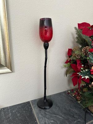 CANDLE HOLDERS AND SANTA IN FLORAL SLEIGH BASKET