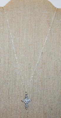 Single Round Clear Stone Cross PENDANT (1¼" x ½") with Bottom Loop on an Adjustable Necklace Chain 14"-18" L
