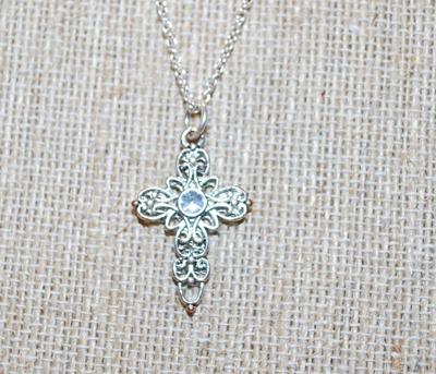 Single Round Clear Stone Cross PENDANT (1¼" x ½") with Bottom Loop on an Adjustable Necklace Chain 14"-18" L
