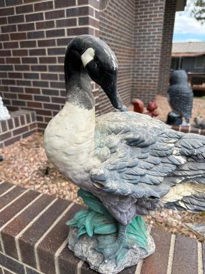 GEESE YARD/GARDEN DECOR AND HAND PAINTED TERRACOTTA PLANTER WITH SAUCER ON PLANT DOLLY
