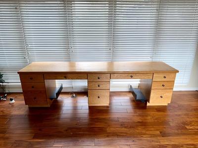 9 FOOT WOODEN DOUBLE DESK/WORKSTATION WITH 11 DRAWERS