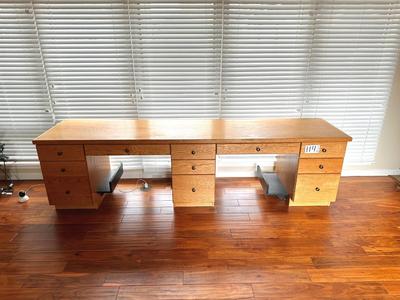 9 FOOT WOODEN DOUBLE DESK/WORKSTATION WITH 11 DRAWERS