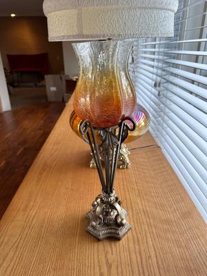 AMBER GLASS LAMP AND CRACKLE GLASS CANDLE HOLDERS