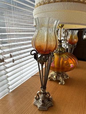 AMBER GLASS LAMP AND CRACKLE GLASS CANDLE HOLDERS