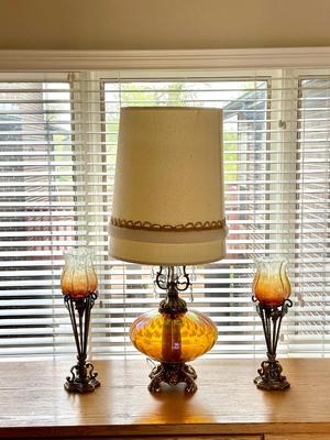 AMBER GLASS LAMP AND CRACKLE GLASS CANDLE HOLDERS