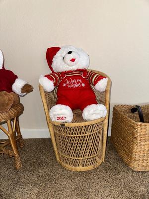CHRISTMAS STUFFED ANIMALS, LARGE STRAW BASKET, WICKER CHAIR AND STOOL