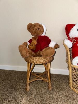 CHRISTMAS STUFFED ANIMALS, LARGE STRAW BASKET, WICKER CHAIR AND STOOL