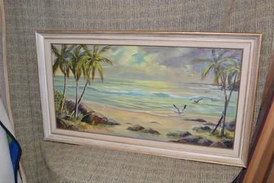 Vintage Tropical Sunset Oil on Art Board Signed Sharp 41