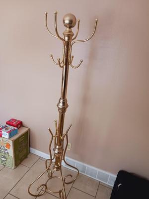 BRASS TONE HAT & COAT STAND WITH LADIES COATS AND SWEATER