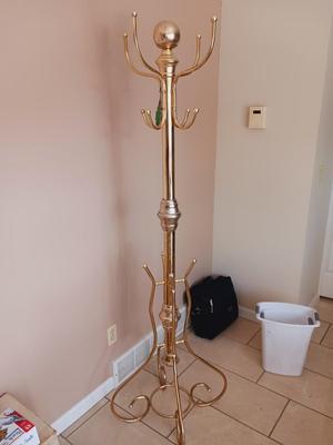 BRASS TONE HAT & COAT STAND WITH LADIES COATS AND SWEATER