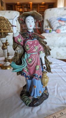 Vintage Chinese Lady Figurine in Wind Broken Fingers Hat