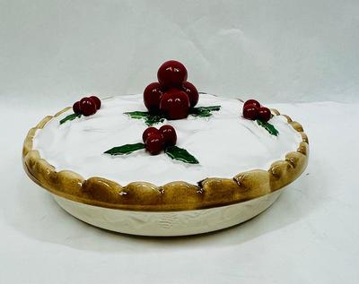 Vintage Ceramic Pie Holder Dish Cherry or Holly Berry on white design