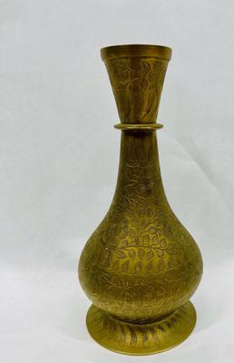 Brass Vase with Stem and Leaf Engraved Pattern