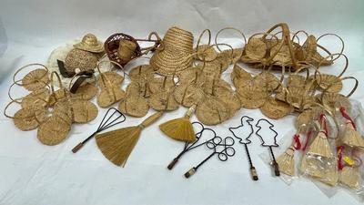 Craft Supply lot #1 - miniature straw baskets, straw brooms, metal rug beaters, fans