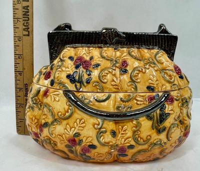 Vintage Rose Covered Yellow Clutch Purse Ceramic Cookie Jar