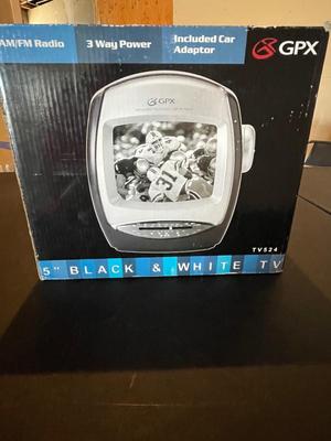 NEW IN BOX GPX 5” BLACK AND WHITE TV W/AM-FM RADIO & HEADPHONE JACK