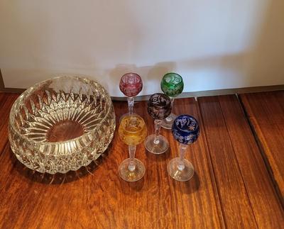 BOHEMIAN COLORED STEMMED GLASSWARE AND GORHAM CRYSTAL SERVING BOWL