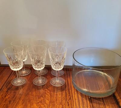 6 WATERFORD CRYSTAL LISMORE WINE GLASSES AND A GLASS BOWL