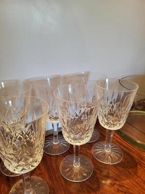 6 WATERFORD CRYSTAL LISMORE WINE GLASSES AND A GLASS BOWL