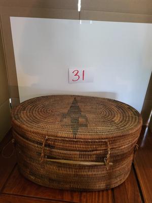 LARGE VINTAGE ASIAN HAND WOVEN BASKET WITH LID