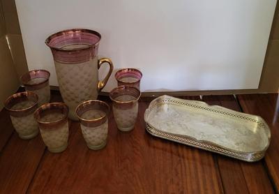 GORGEOUS PITCHER & GLASS SET PLUS A SILVER PLATED TRAY